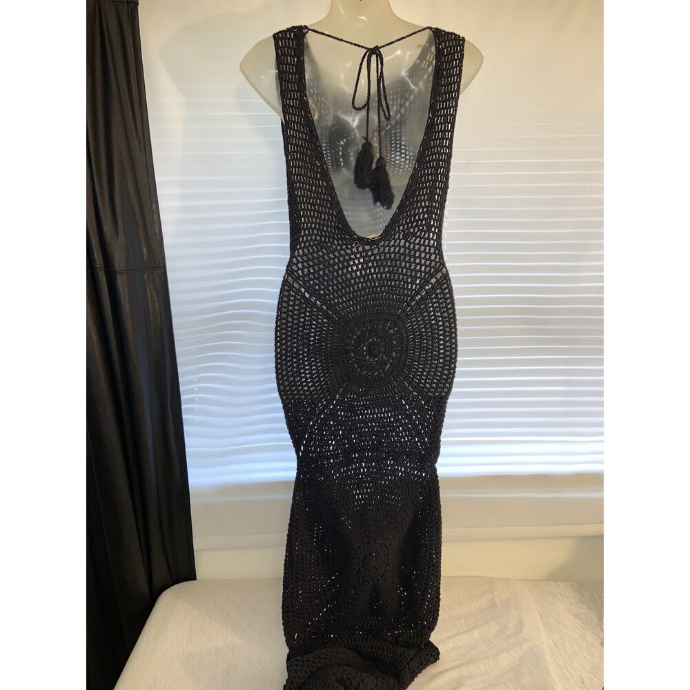 Frankies Bikinis Veronica Cover Up Black Crochet Knit Sleeveless Dress Large - Picture 5 of 9